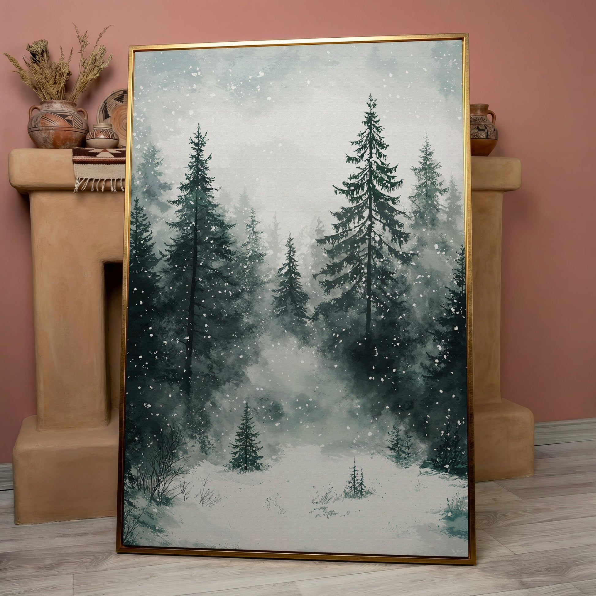 Winter Forest Canvas, Snowy Pine Landscape Portrait in rose gold floating frame