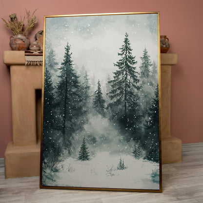Winter Forest Canvas, Snowy Pine Landscape Portrait in rose gold floating frame