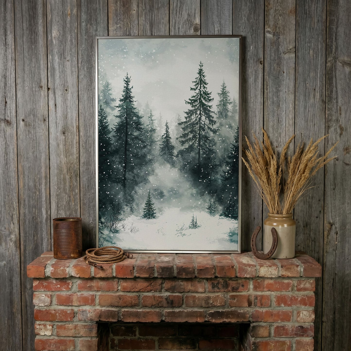 Winter Forest Canvas, Snowy Pine Landscape Portrait in silver floating frame