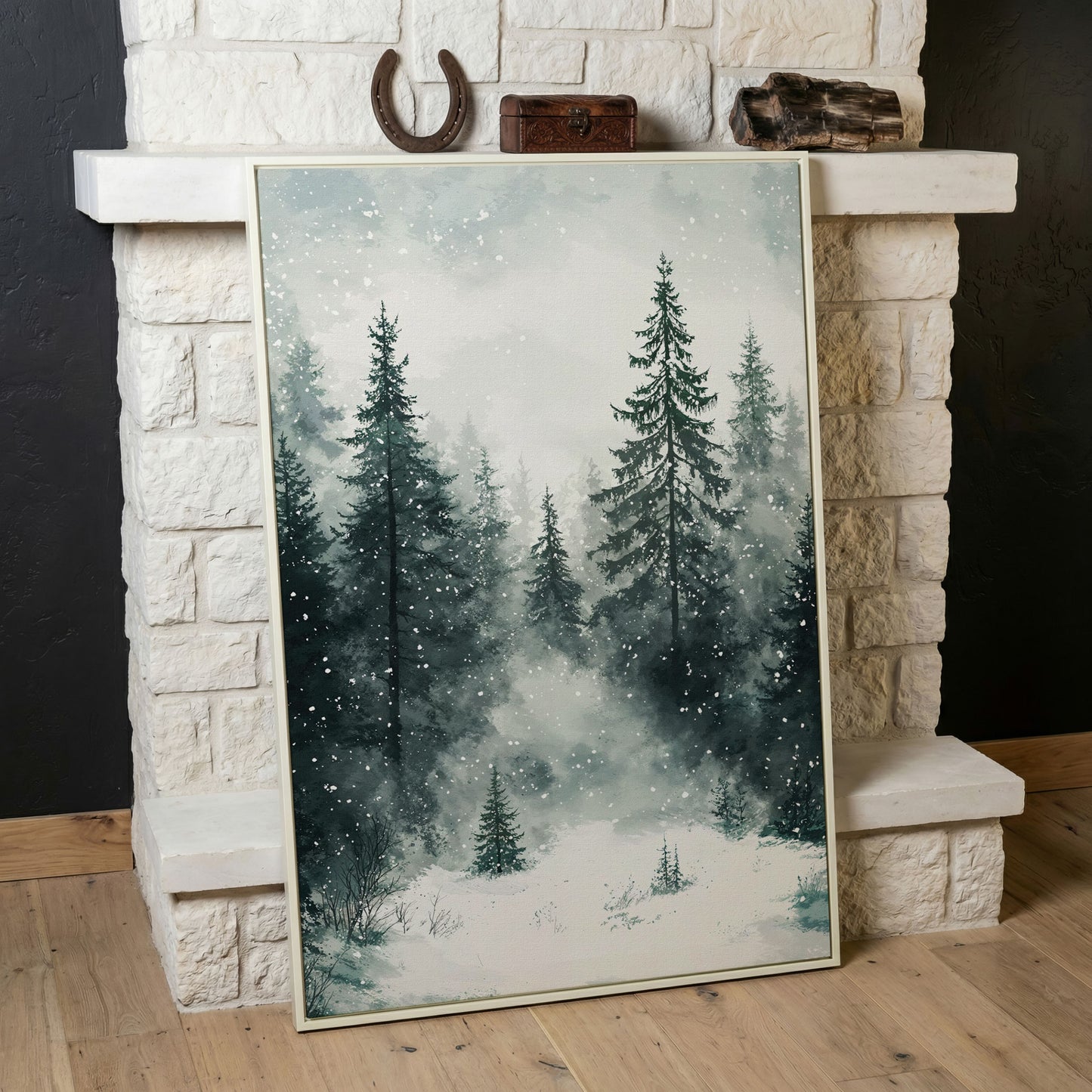 Winter Forest Canvas, Snowy Pine Landscape Portrait in white floating frame