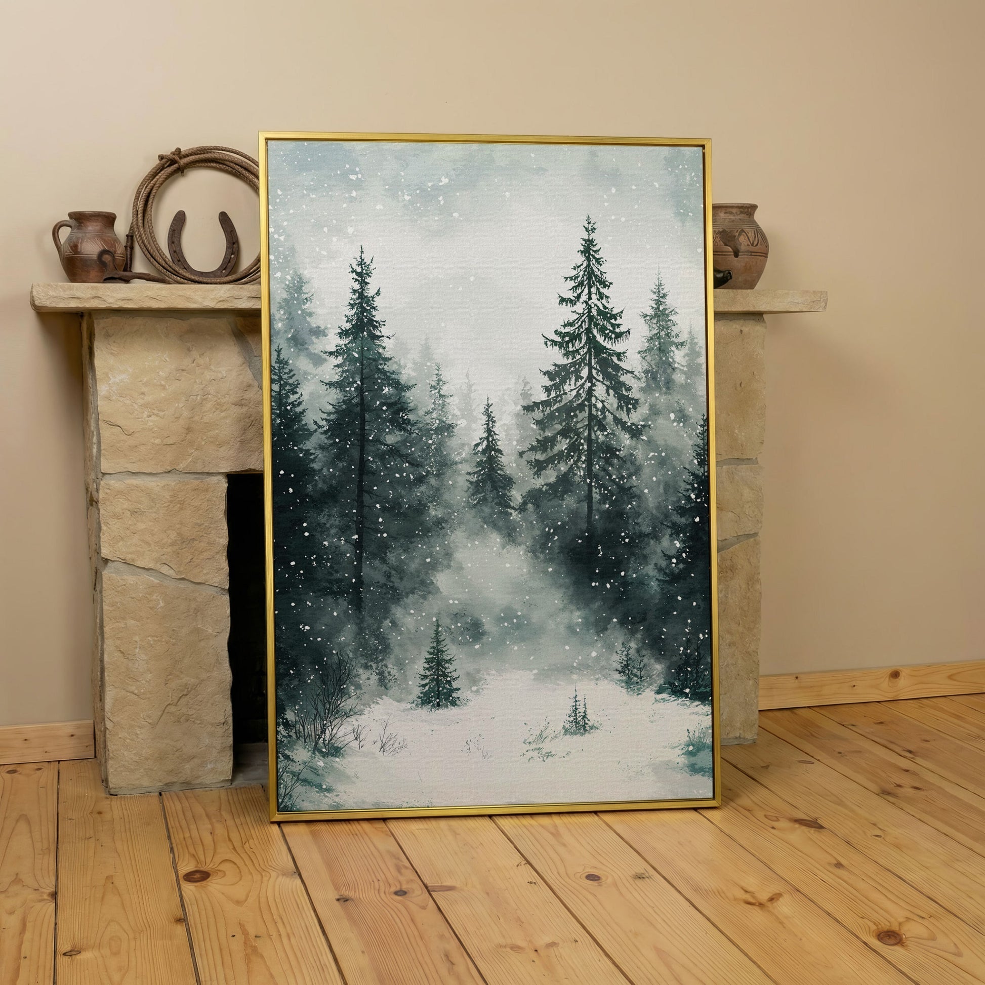 Winter Forest Canvas, Snowy Pine Landscape Portrait in yellow gold floating frame