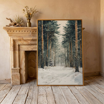 Serene Winter Forest Canvas in antique gold floating frame