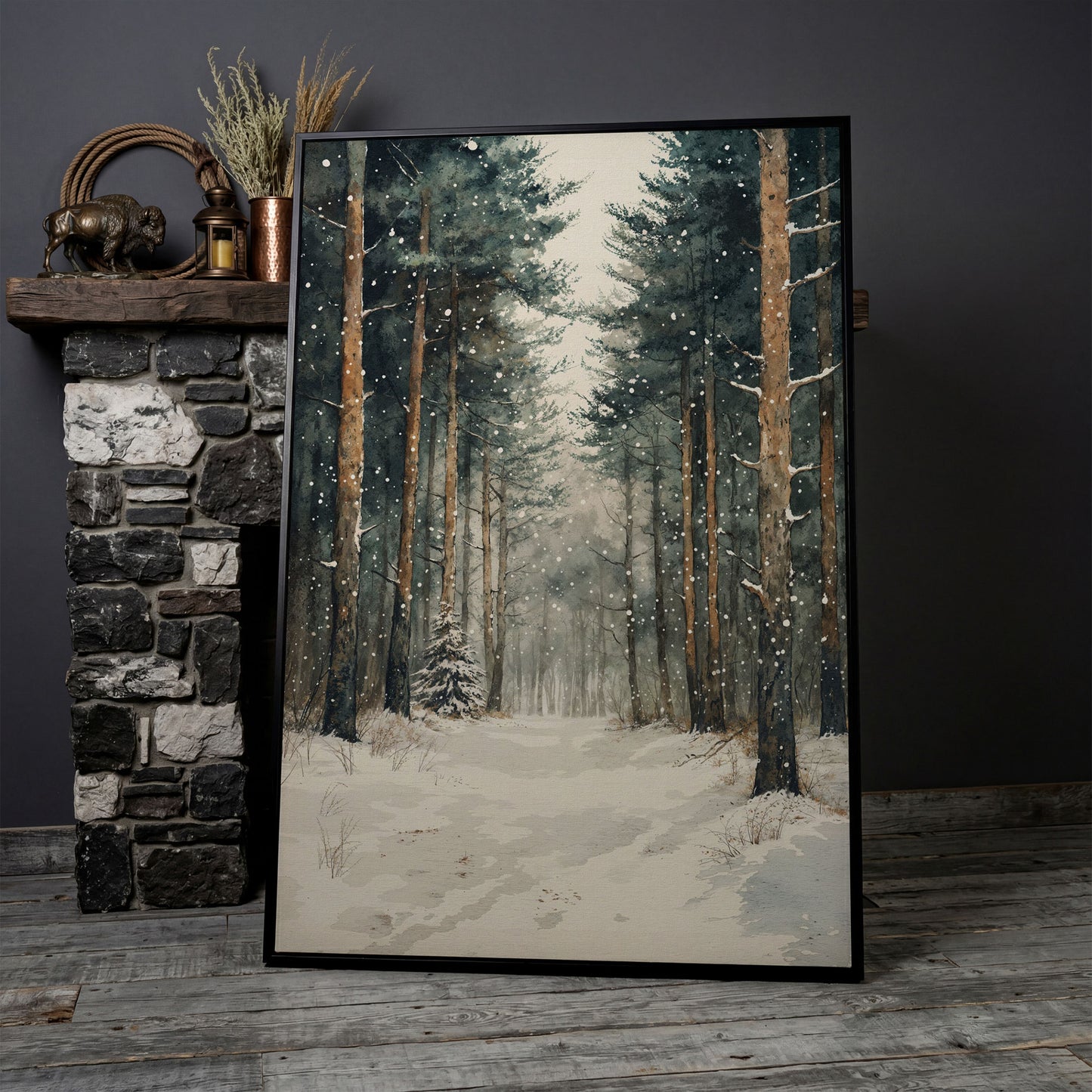 Serene Winter Forest Canvas in black floating frame