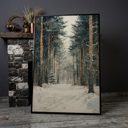 Serene Winter Forest Canvas in black floating frame