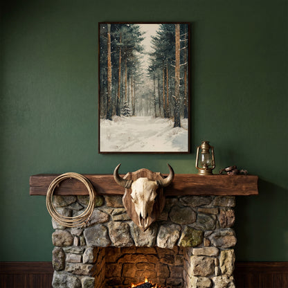 Serene Winter Forest Canvas in dark walnut floating frame