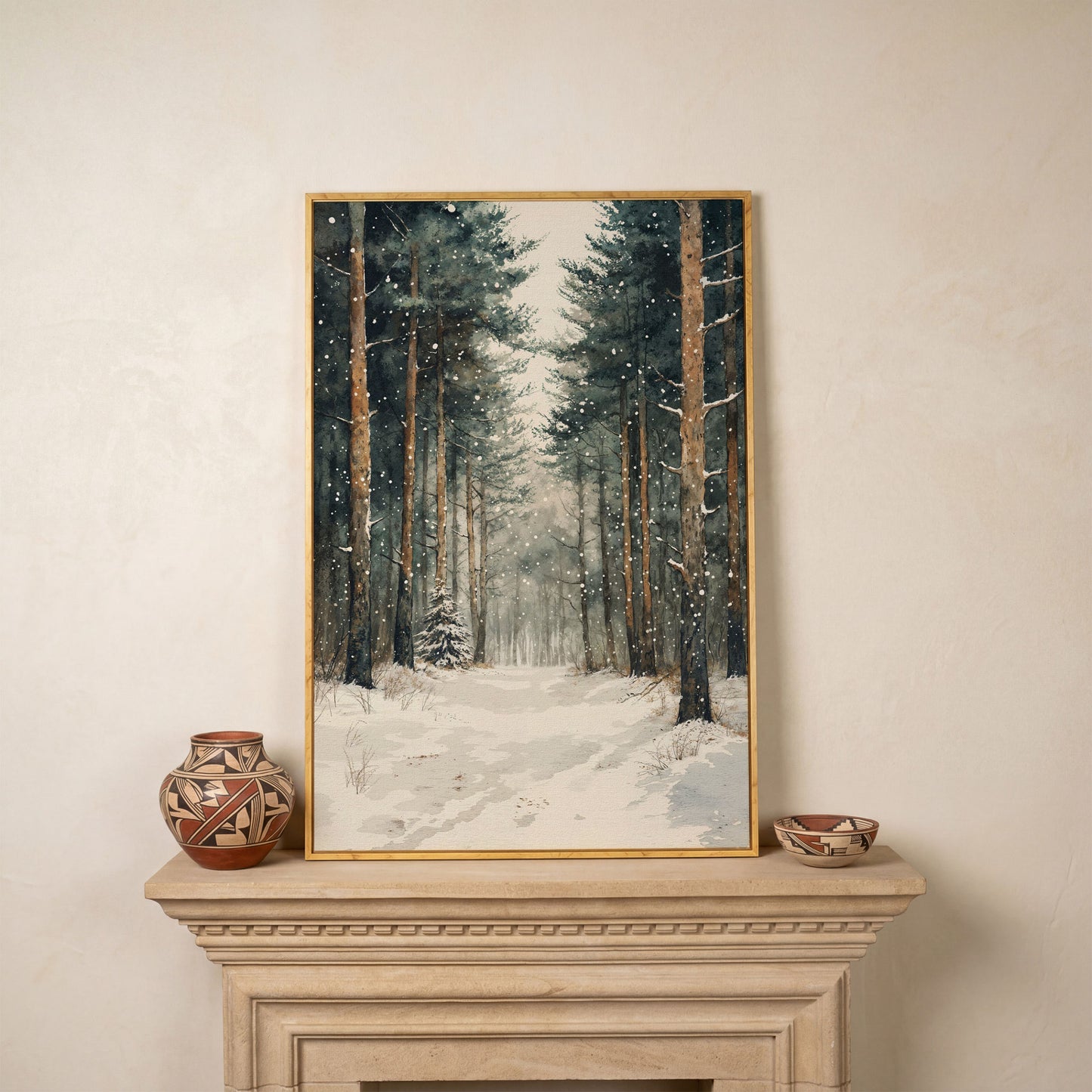 Serene Winter Forest Canvas in white oak floating frame