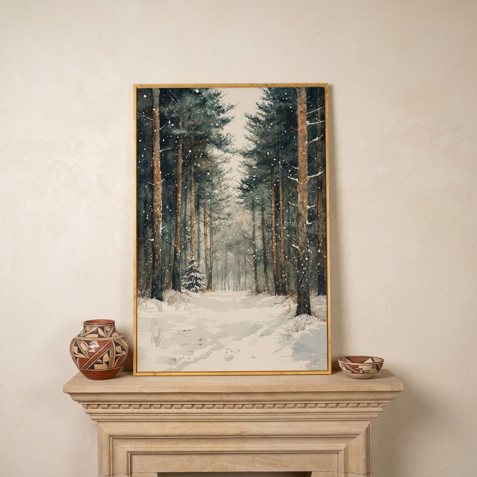 Serene Winter Forest Canvas in white oak floating frame