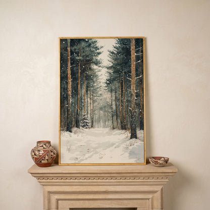 Serene Winter Forest Canvas in white oak floating frame