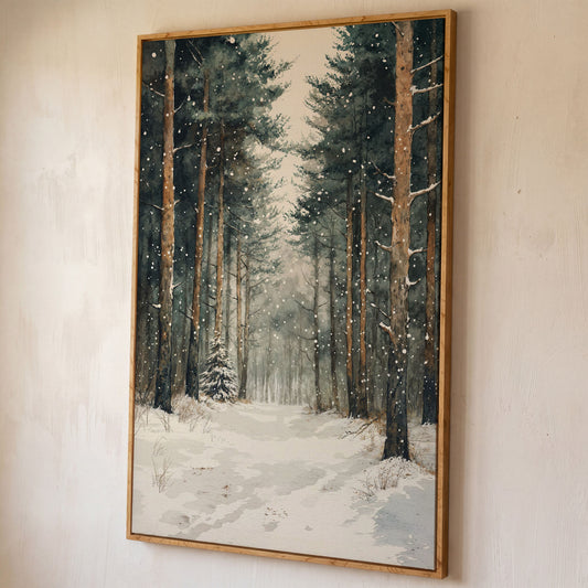 Serene Winter Forest Canvas shown in white oak floating frame