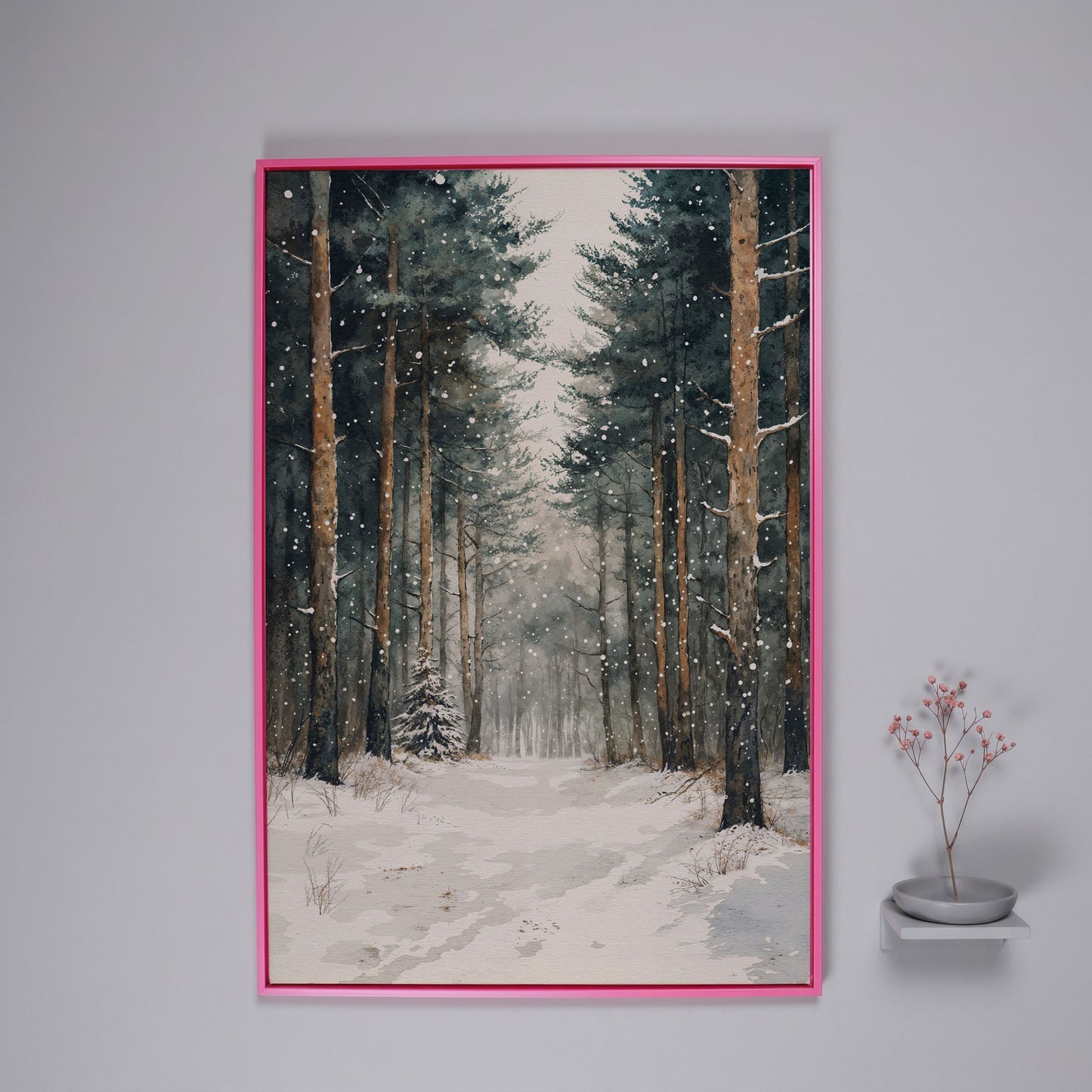 Serene Winter Forest Canvas in pink floating frame