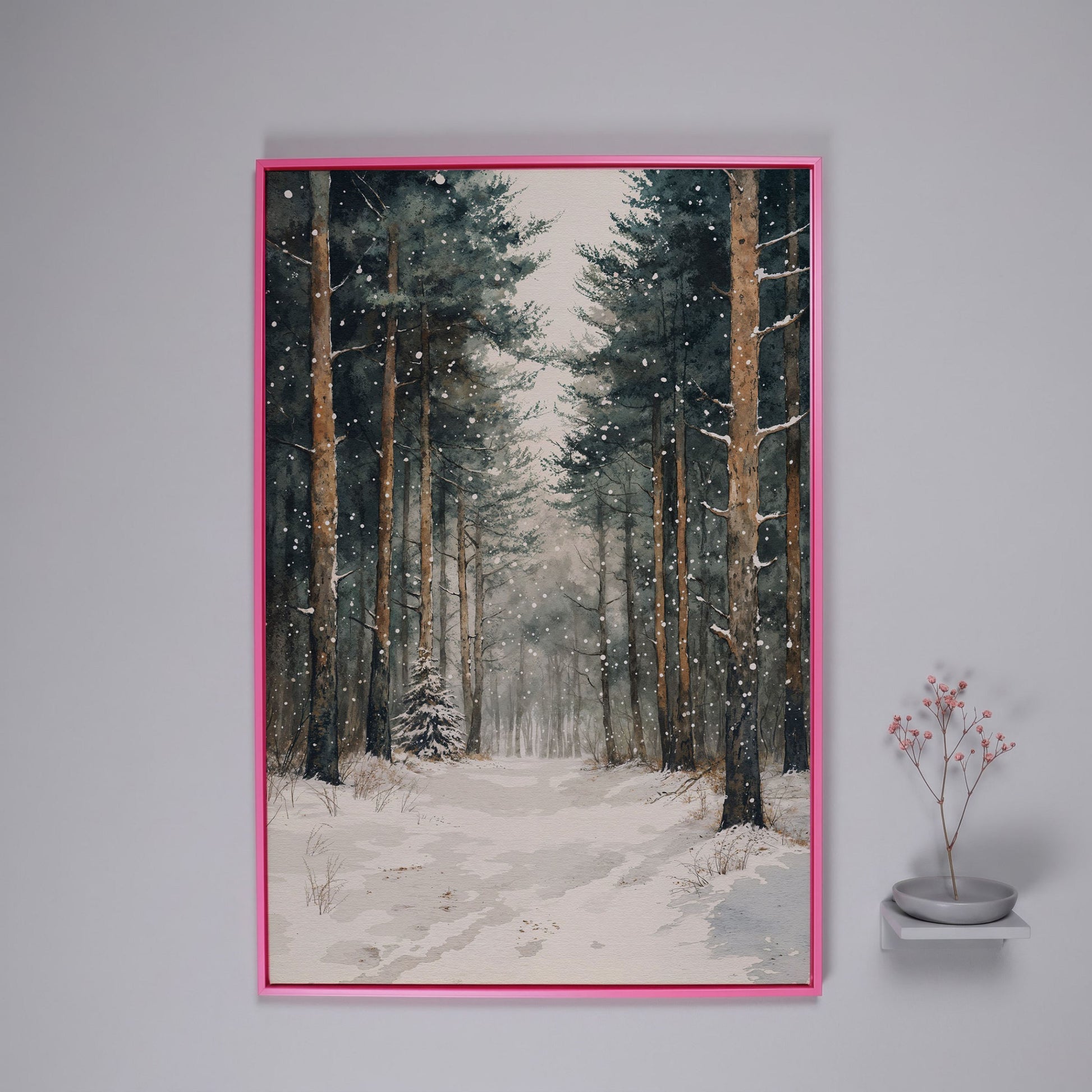 Serene Winter Forest Canvas in pink floating frame