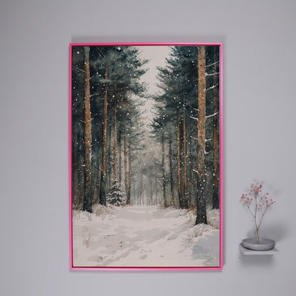 Serene Winter Forest Canvas in pink floating frame