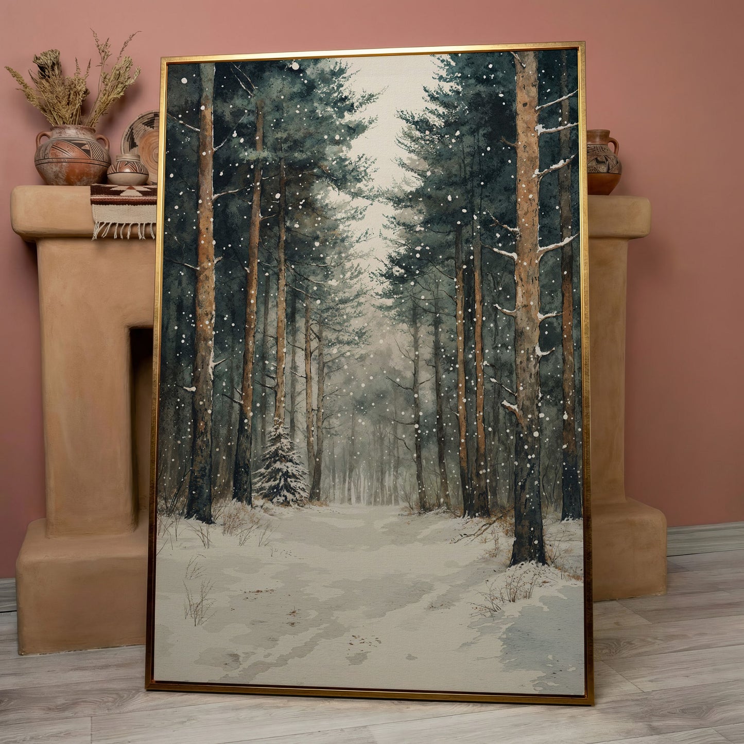 Serene Winter Forest Canvas in rose gold floating frame