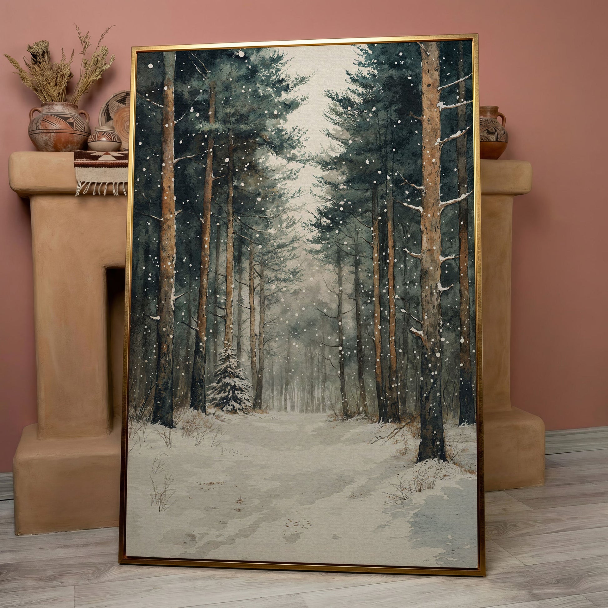 Serene Winter Forest Canvas in rose gold floating frame