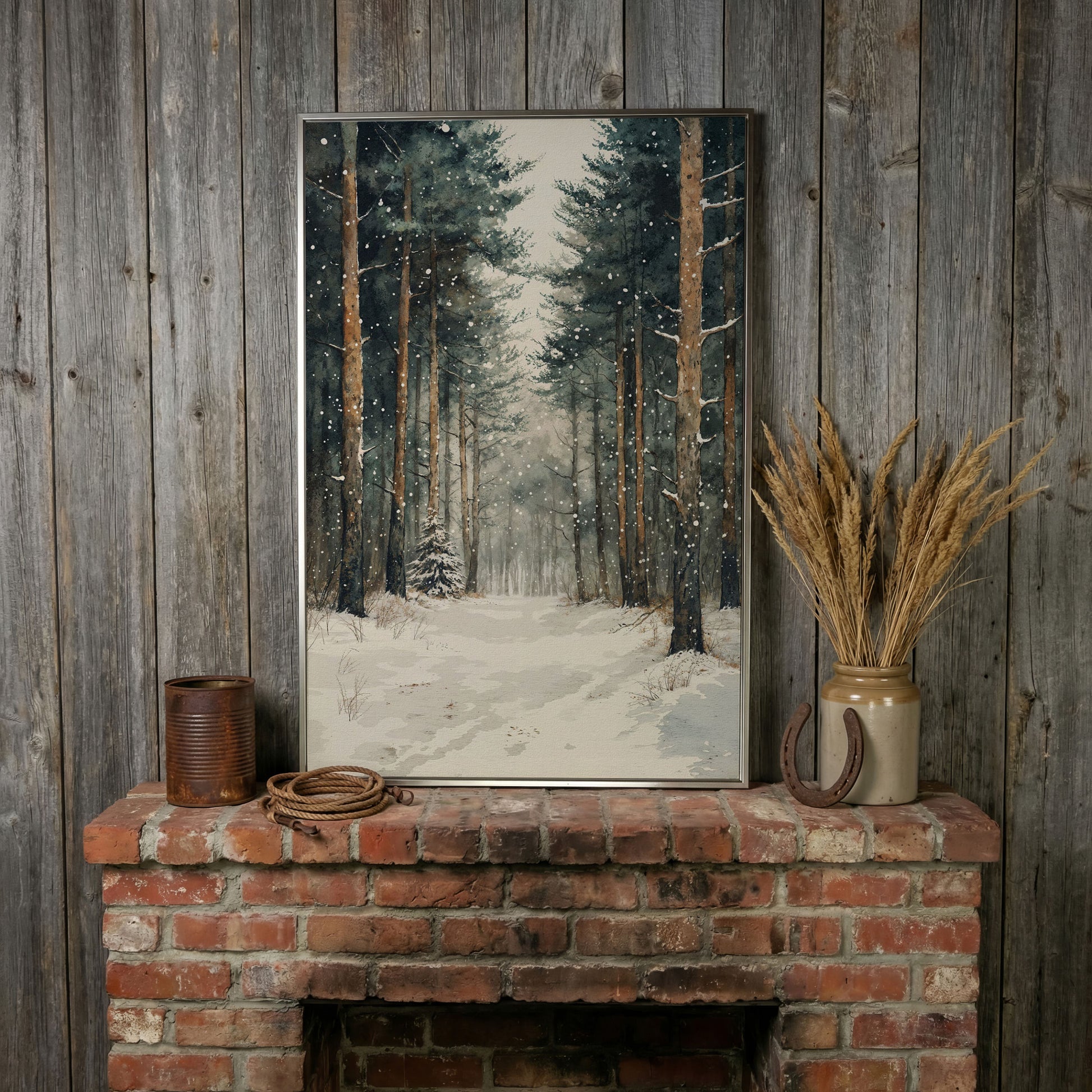 Serene Winter Forest Canvas in silver floating frame