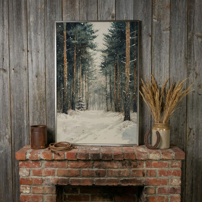 Serene Winter Forest Canvas in silver floating frame