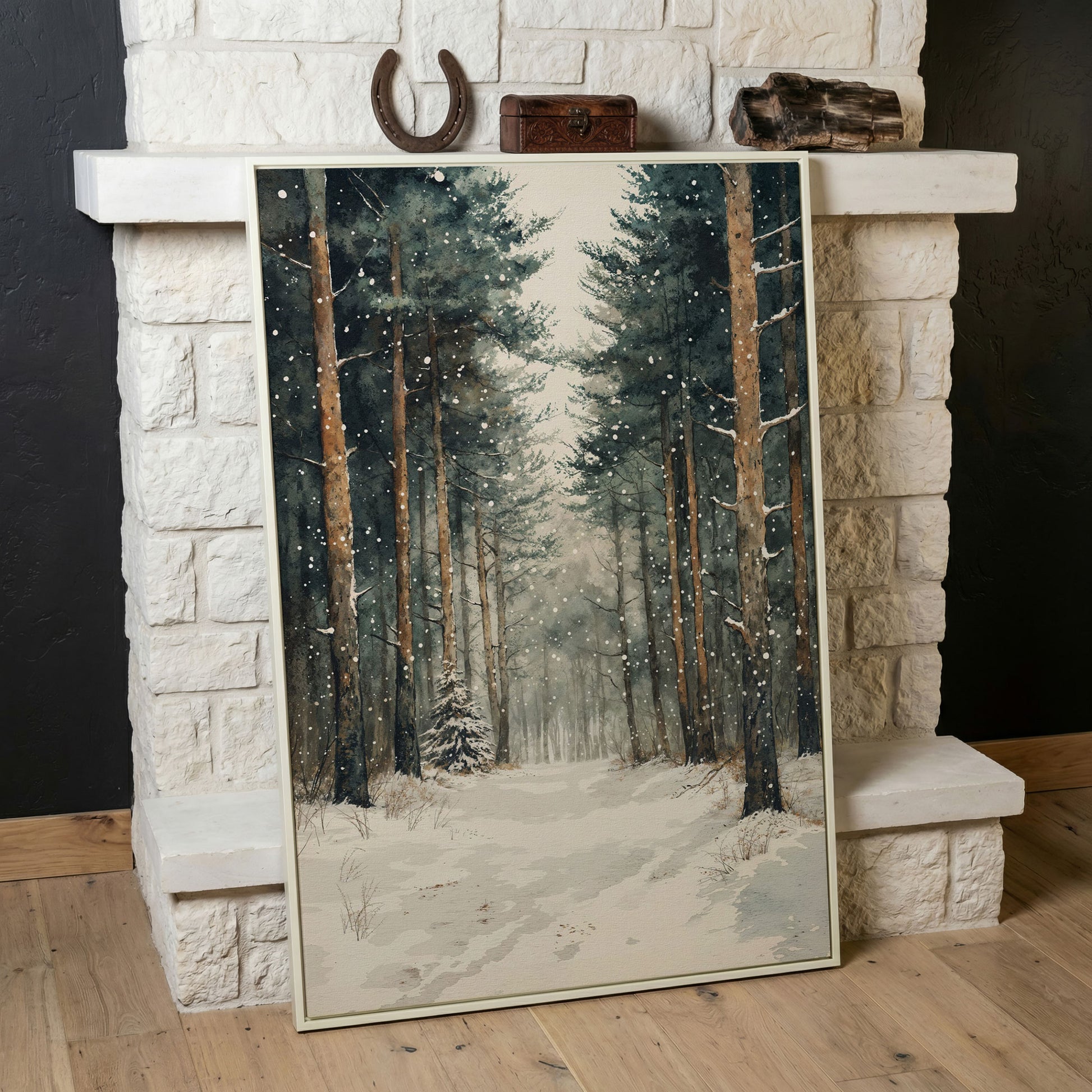 Serene Winter Forest Canvas in white floating frame