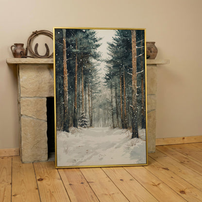 Serene Winter Forest Canvas in yellow gold floating frame