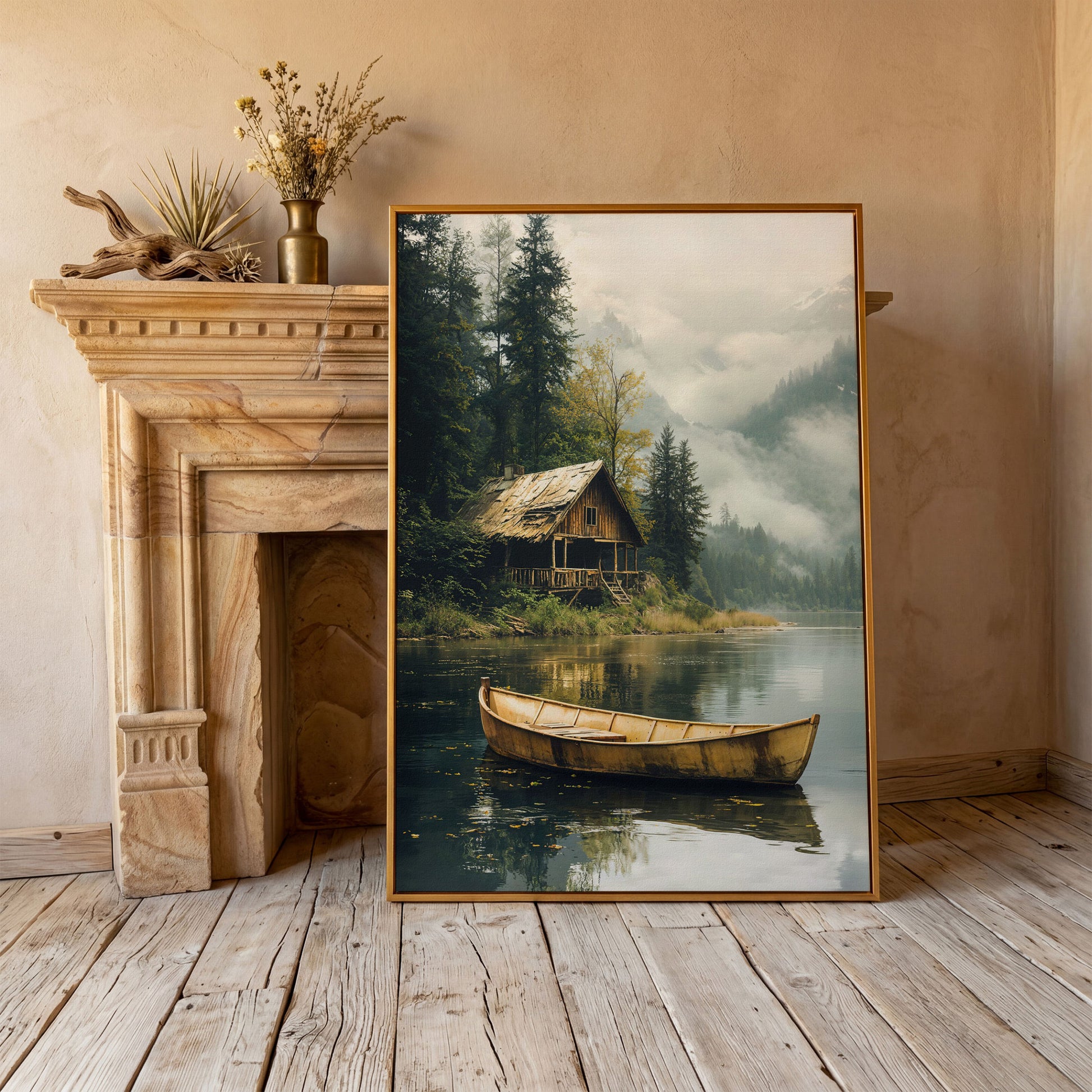 Rustic Log Cabin by the Lake Canvas Wall Art in antique gold floating frame