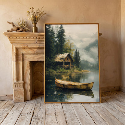 Rustic Log Cabin by the Lake Canvas Wall Art in antique gold floating frame
