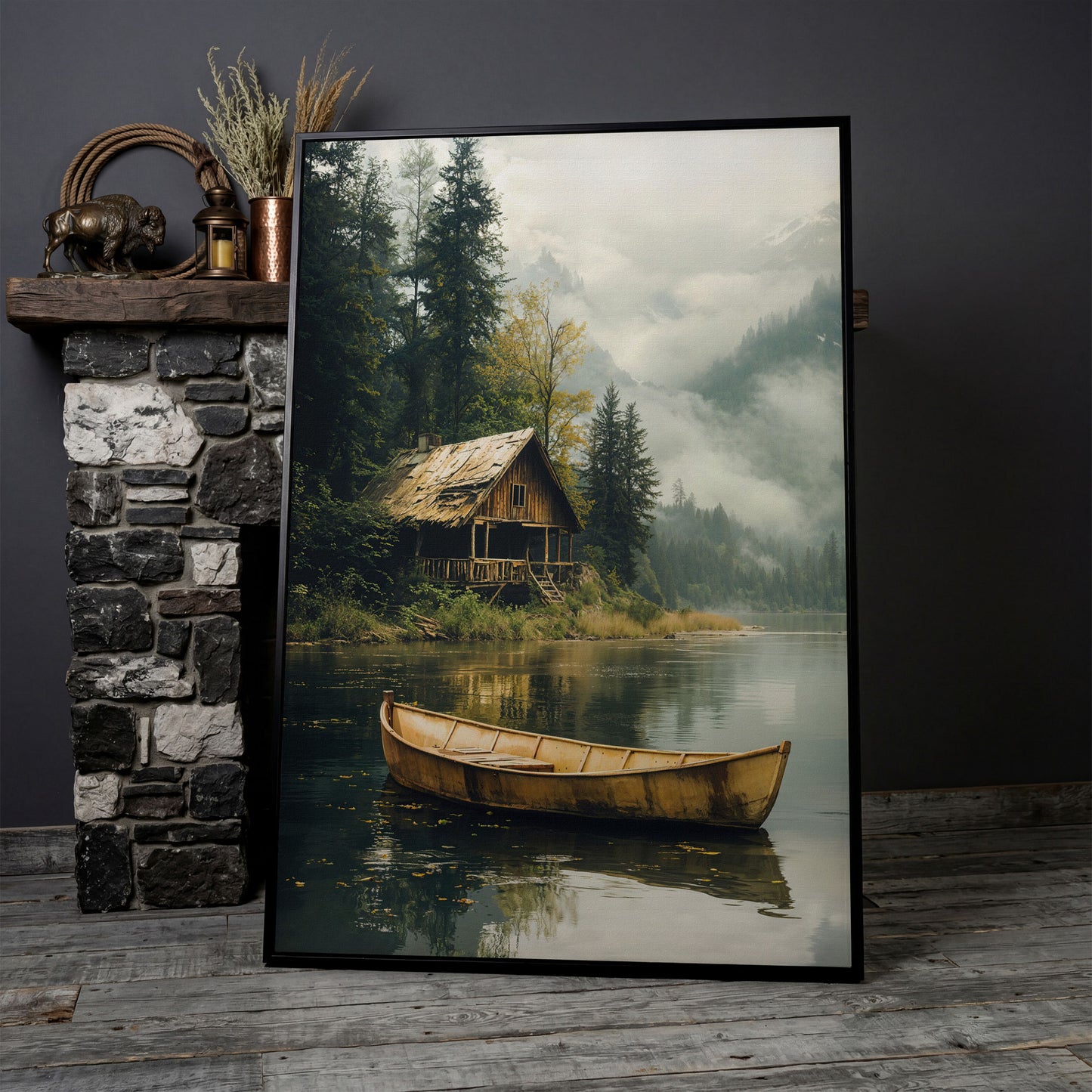Rustic Log Cabin by the Lake Canvas Wall Art in black floating frame