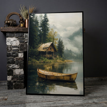 Rustic Log Cabin by the Lake Canvas Wall Art in black floating frame