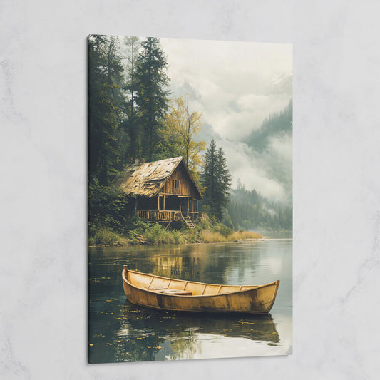Rustic Log Cabin by the Lake Canvas Wall Art on gallery wrap