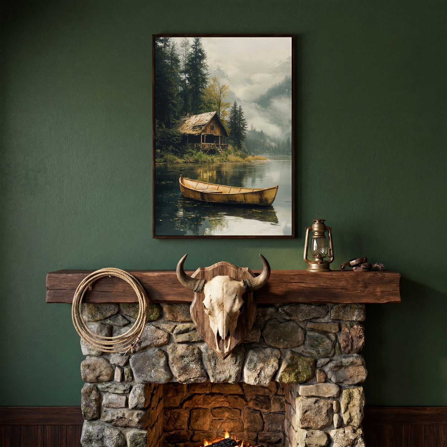 Rustic Log Cabin by the Lake Canvas Wall Art in dark walnut floating frame