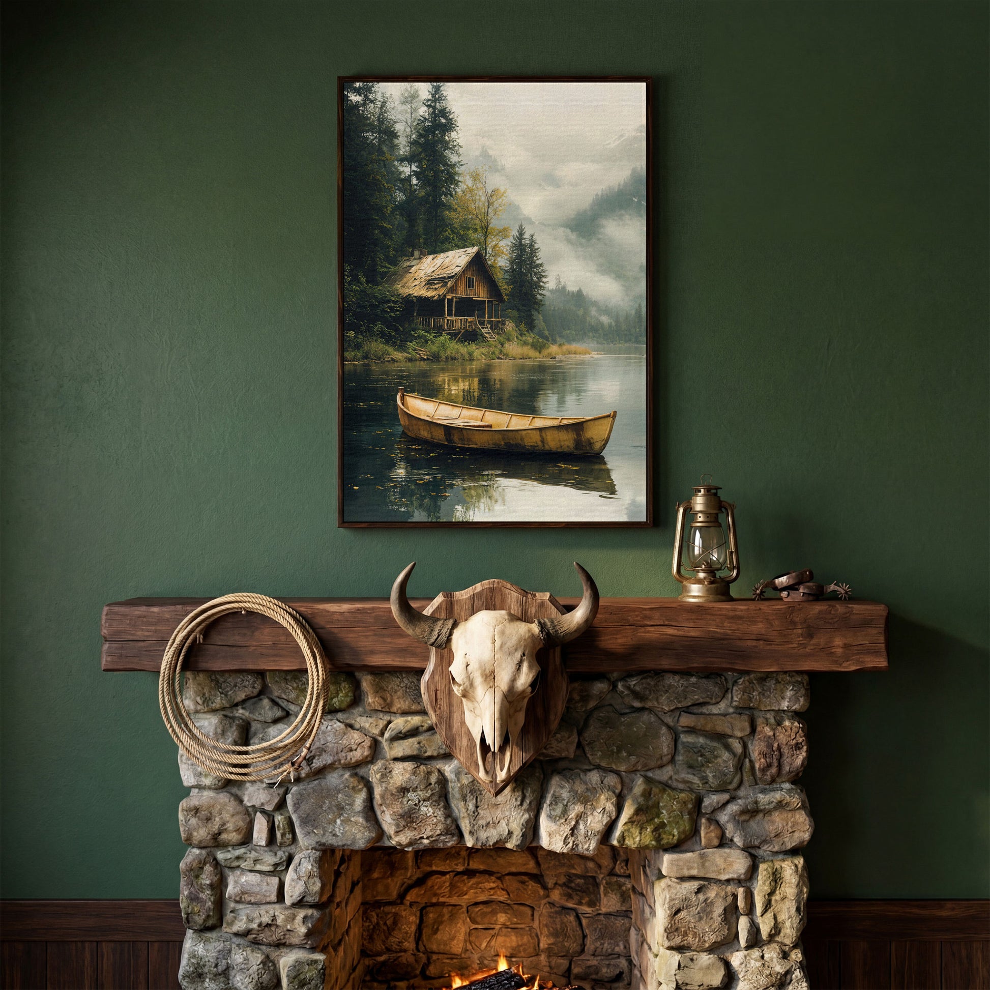Rustic Log Cabin by the Lake Canvas Wall Art in dark walnut floating frame