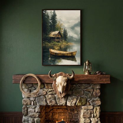 Rustic Log Cabin by the Lake Canvas Wall Art in dark walnut floating frame