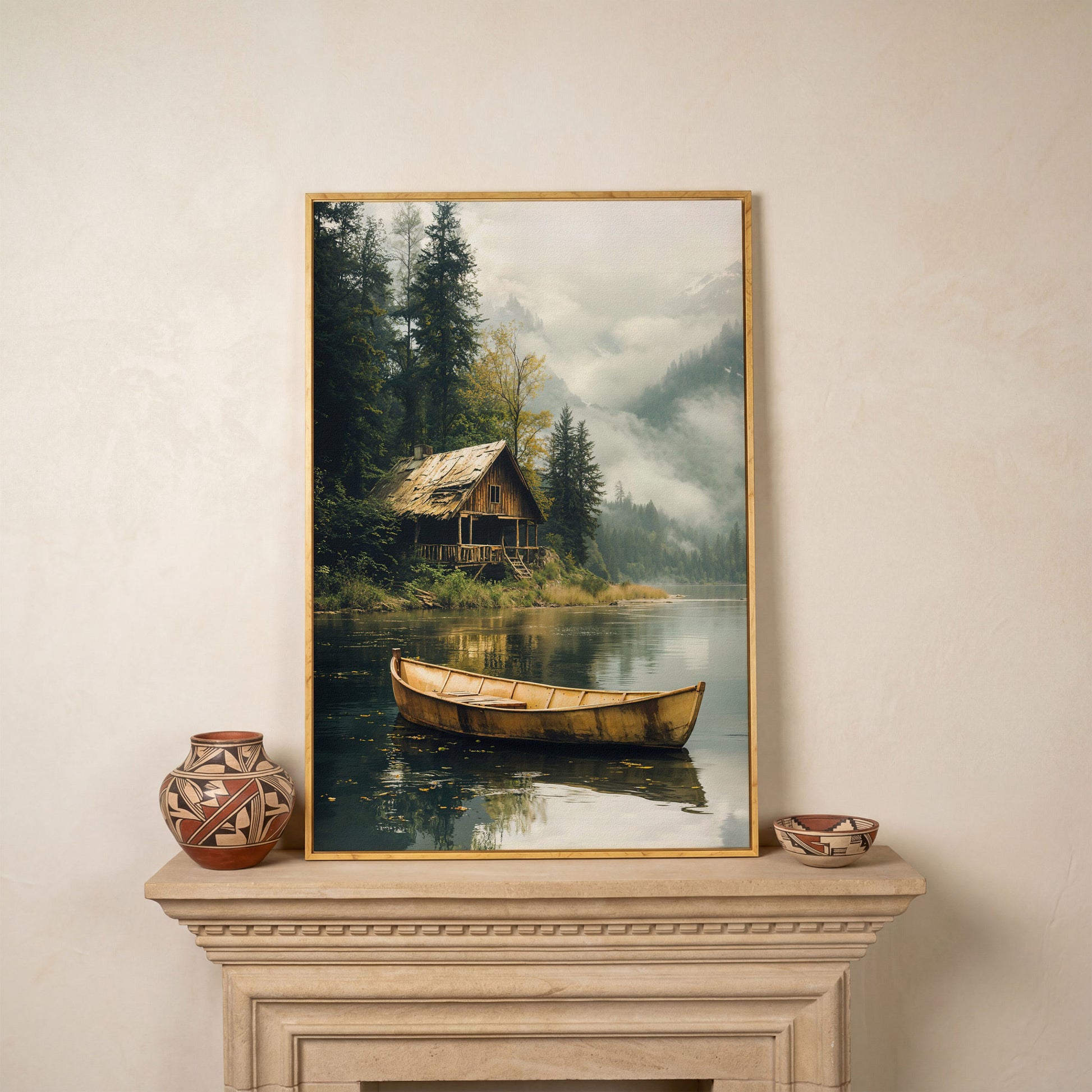 Rustic Log Cabin by the Lake Canvas Wall Art in white oak floating frame