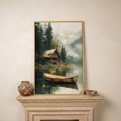 Rustic Log Cabin by the Lake Canvas Wall Art in white oak floating frame