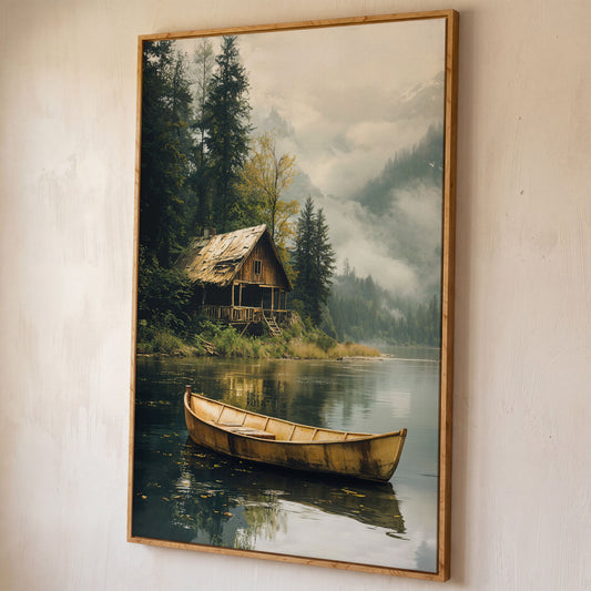 Rustic Log Cabin by the Lake Canvas Wall Art shown in white oak floating frame