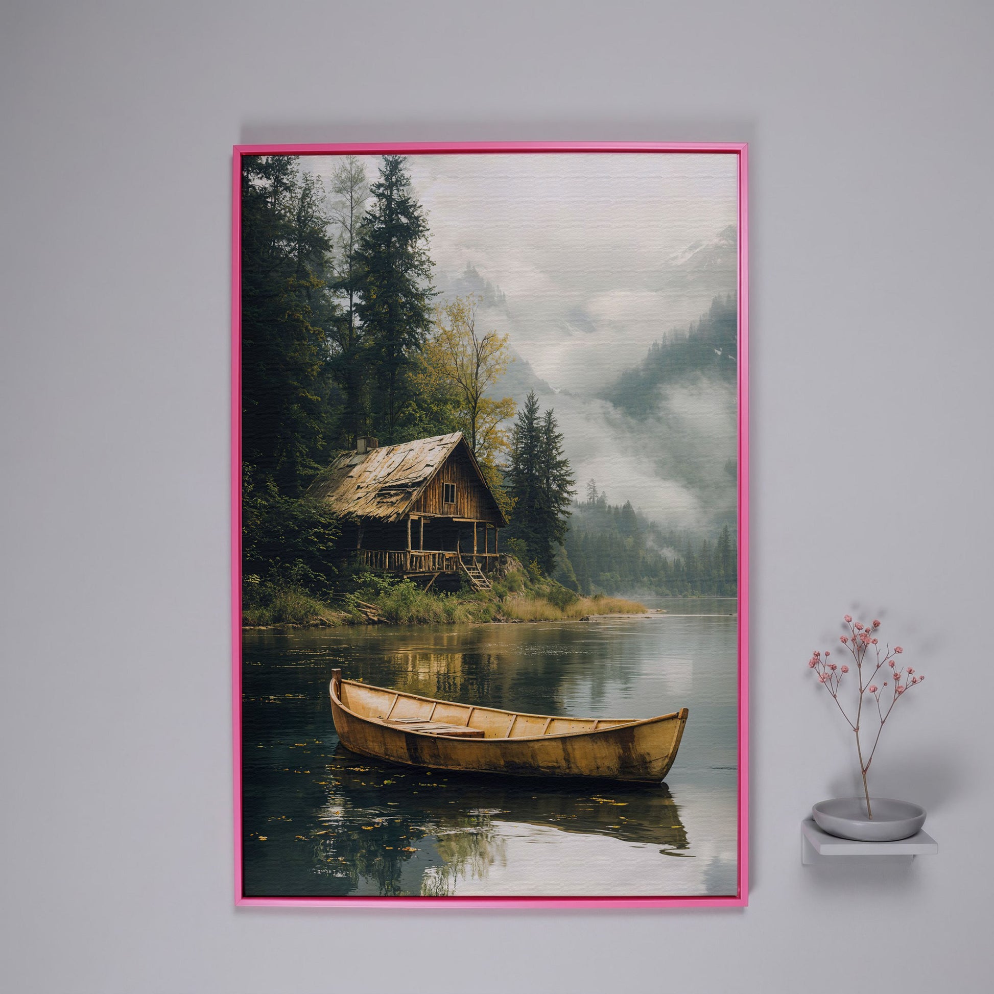 Rustic Log Cabin by the Lake Canvas Wall Art in pink floating frame
