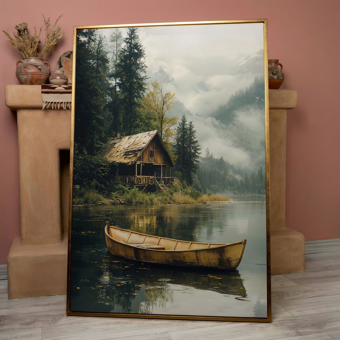 Rustic Log Cabin by the Lake Canvas Wall Art in rose gold floating frame