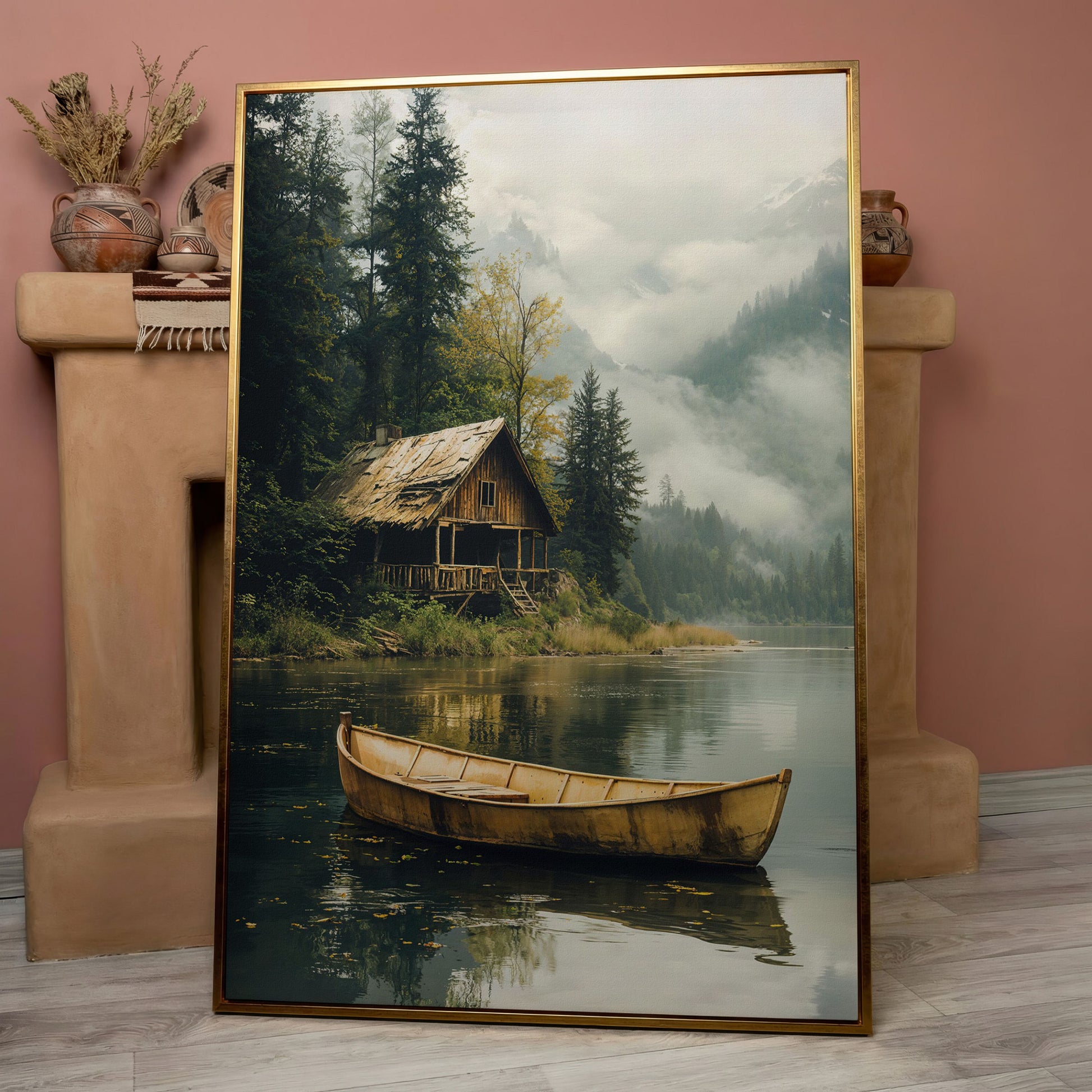 Rustic Log Cabin by the Lake Canvas Wall Art in rose gold floating frame