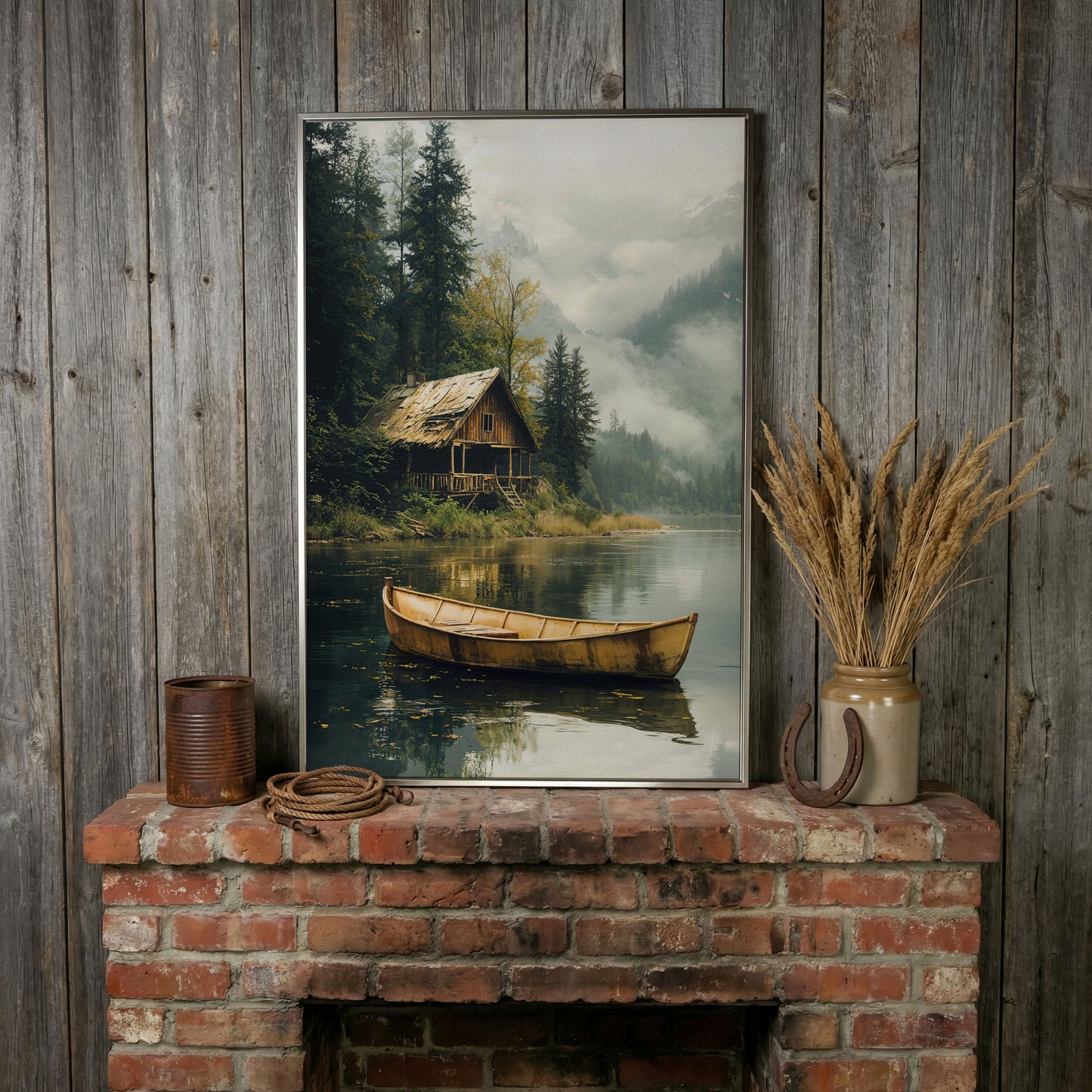 Rustic Log Cabin by the Lake Canvas Wall Art in silver floating frame