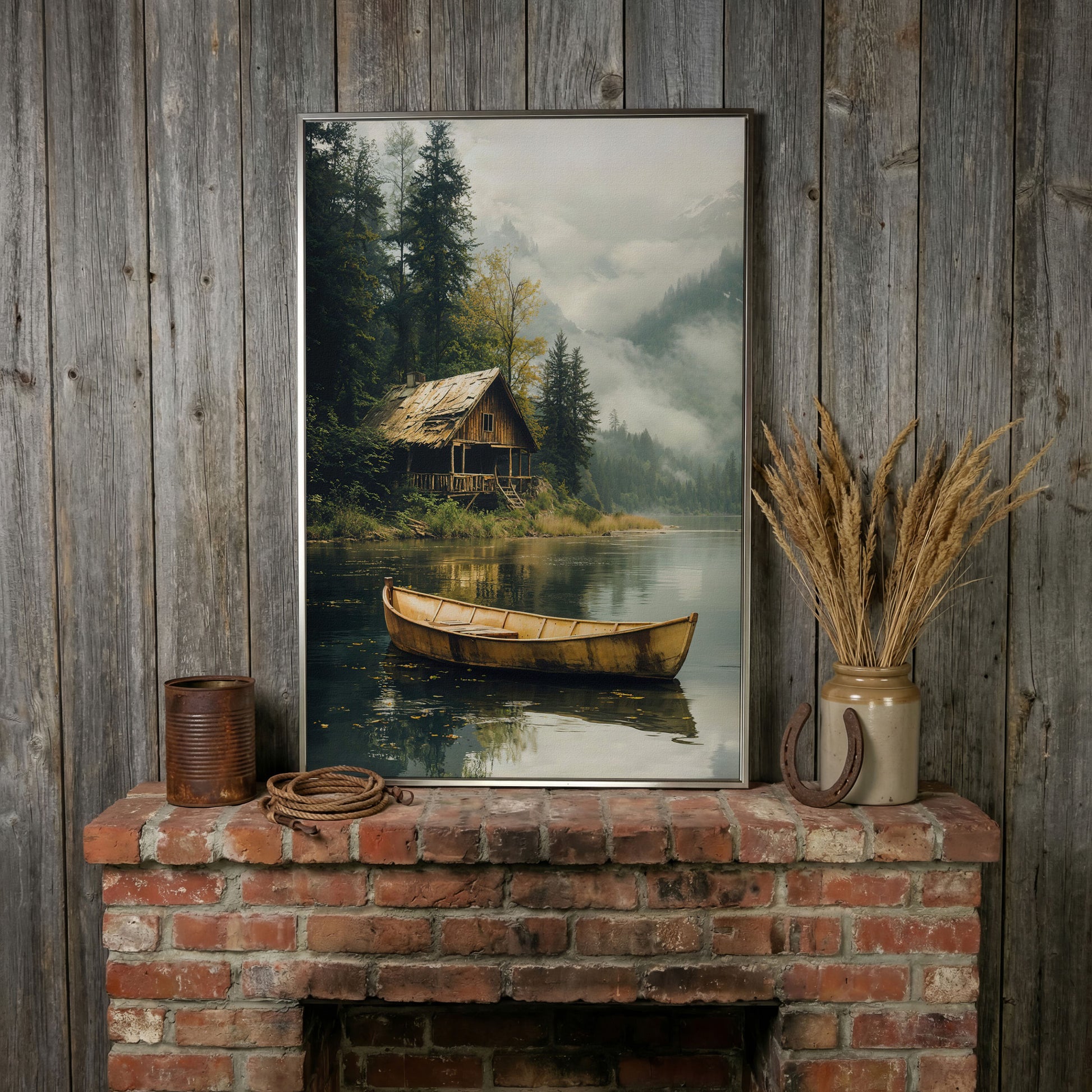 Rustic Log Cabin by the Lake Canvas Wall Art in silver floating frame