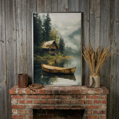 Rustic Log Cabin by the Lake Canvas Wall Art in silver floating frame
