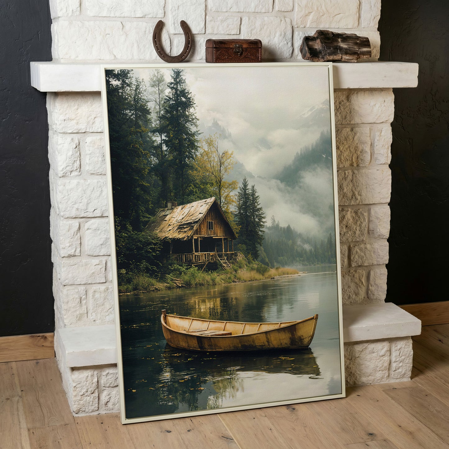 Rustic Log Cabin by the Lake Canvas Wall Art in white floating frame