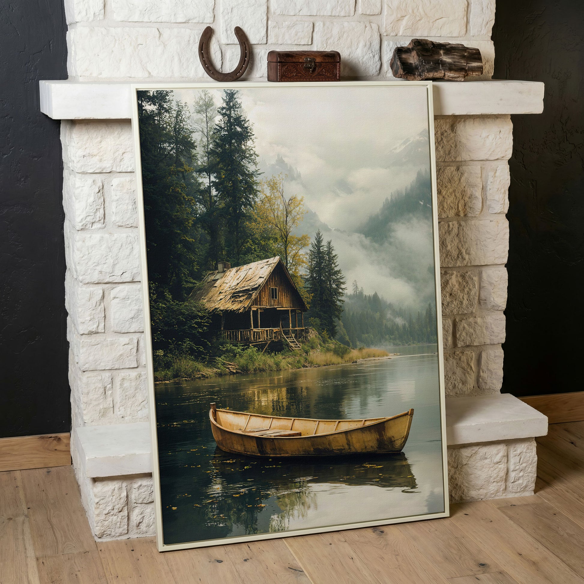 Rustic Log Cabin by the Lake Canvas Wall Art in white floating frame