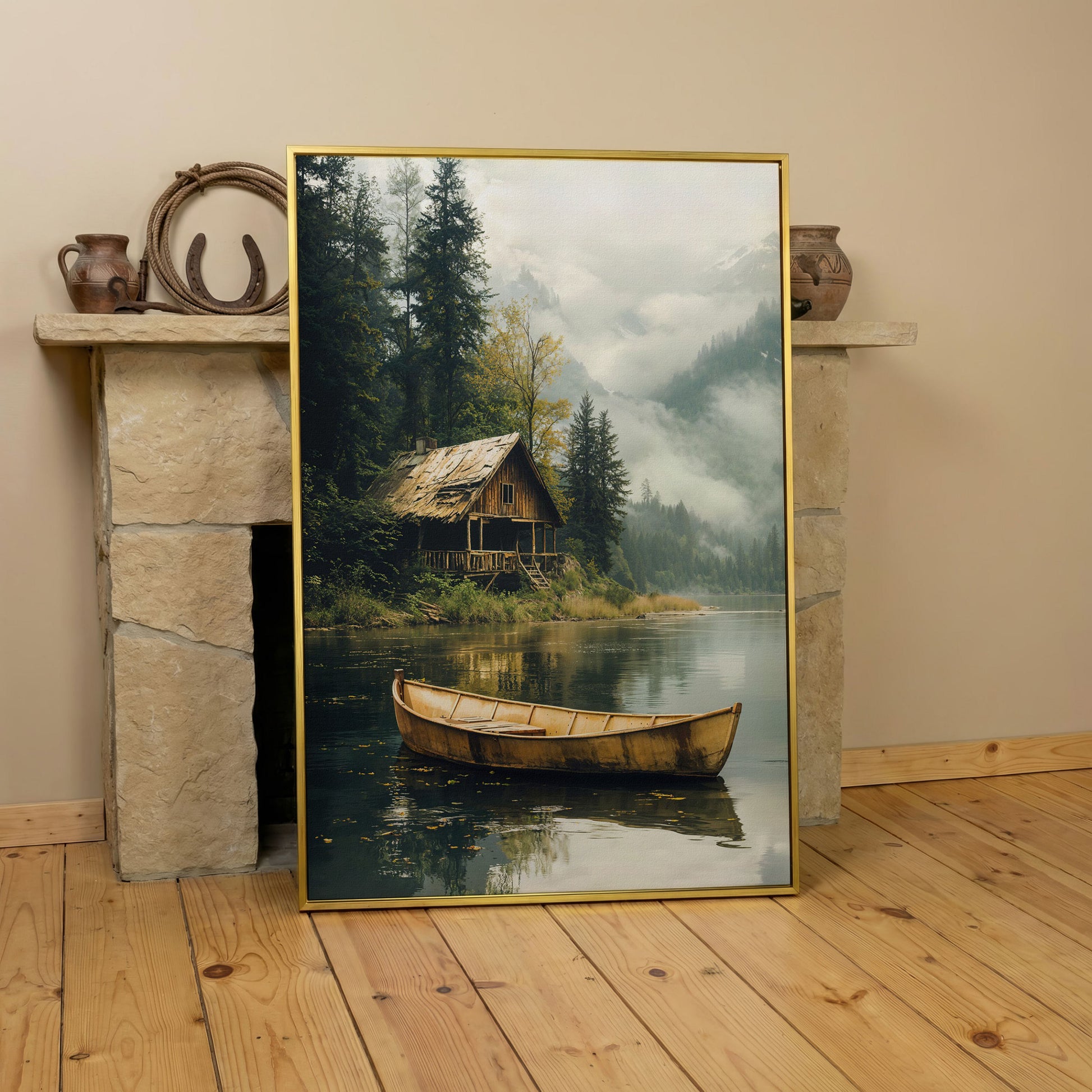 Rustic Log Cabin by the Lake Canvas Wall Art in yellow gold floating frame