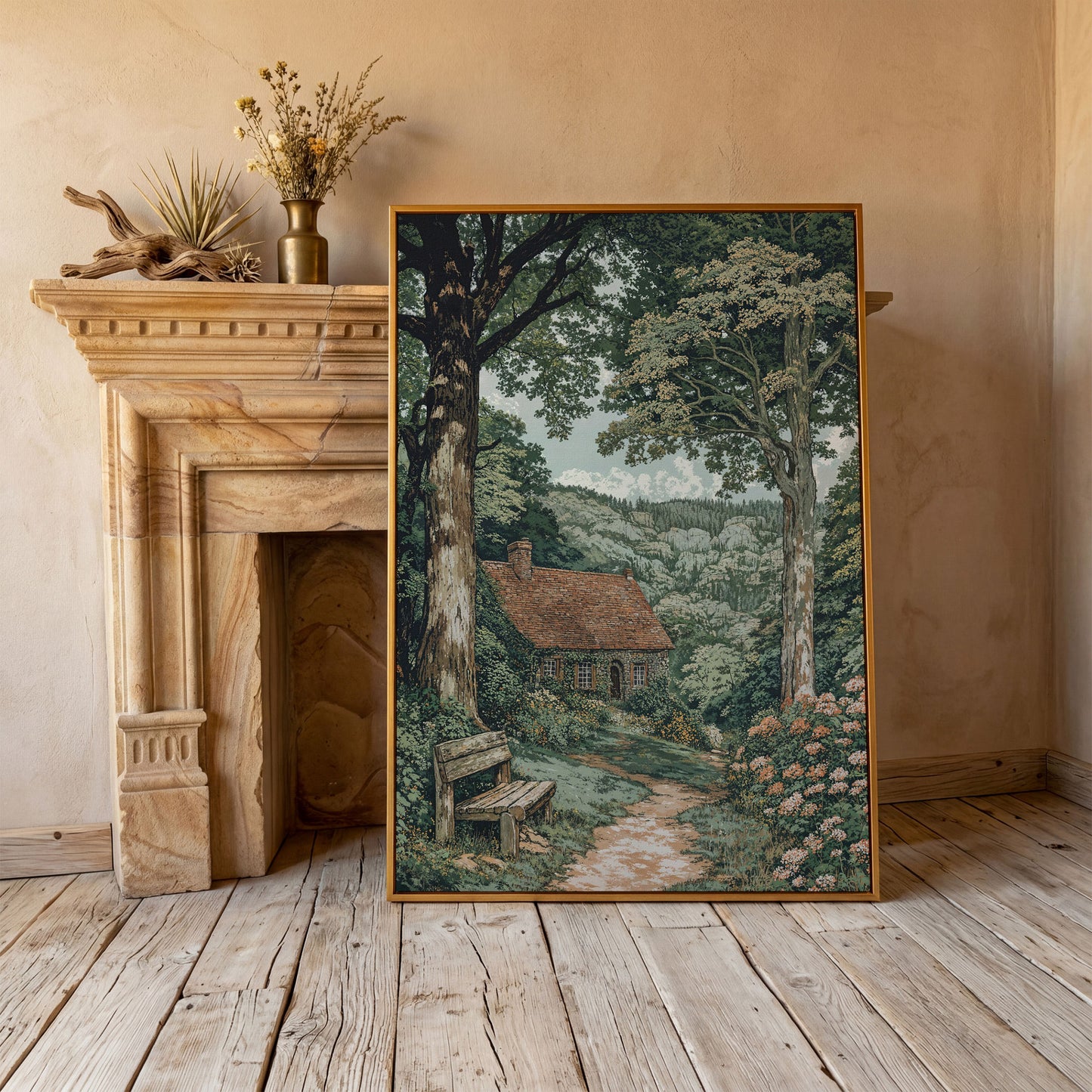 Tranquil Cottage in Countryside Canvas Print in antique gold floating frame