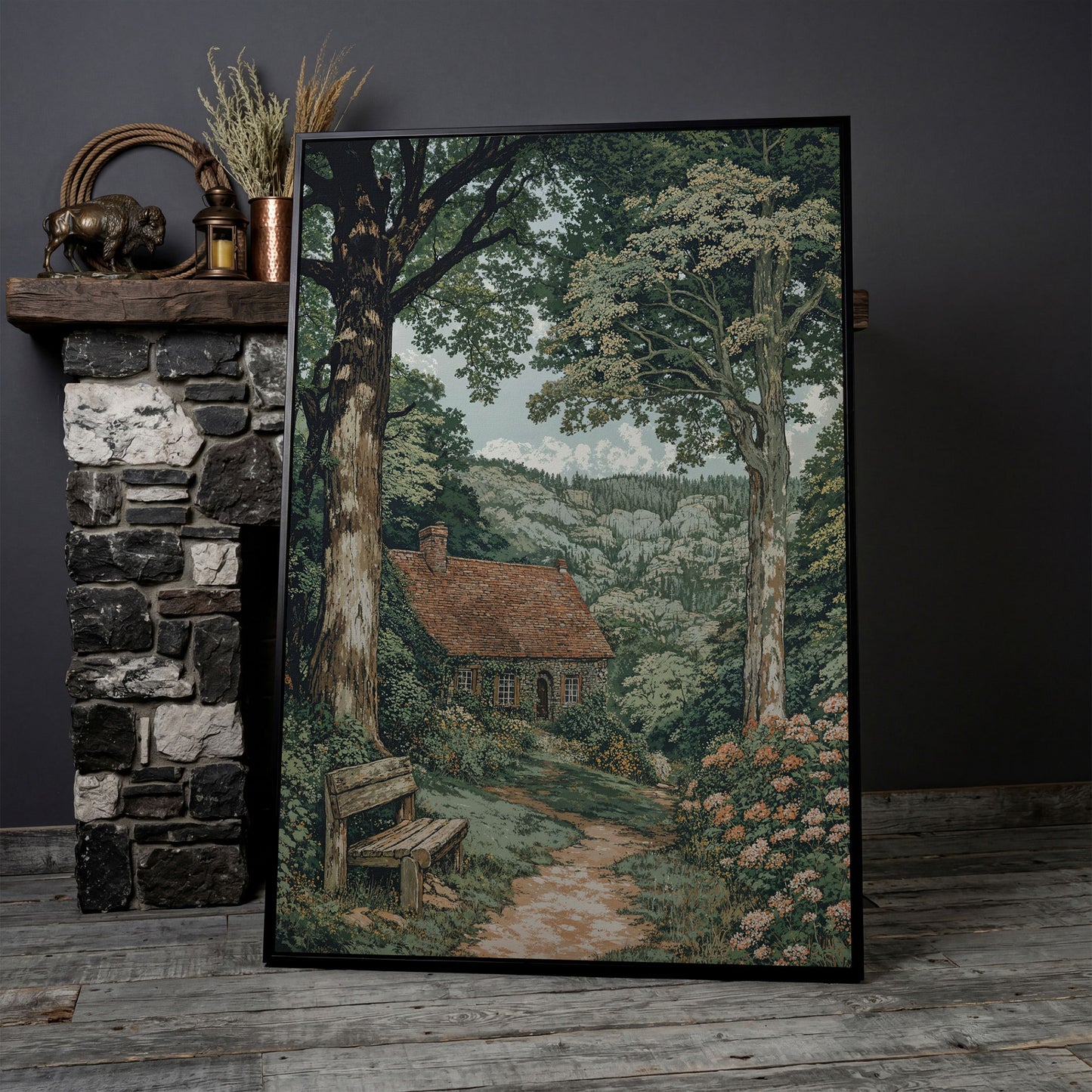 Tranquil Cottage in Countryside Canvas Print in black floating frame