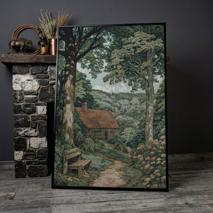 Tranquil Cottage in Countryside Canvas Print in black floating frame