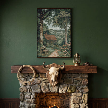Tranquil Cottage in Countryside Canvas Print in dark walnut floating frame