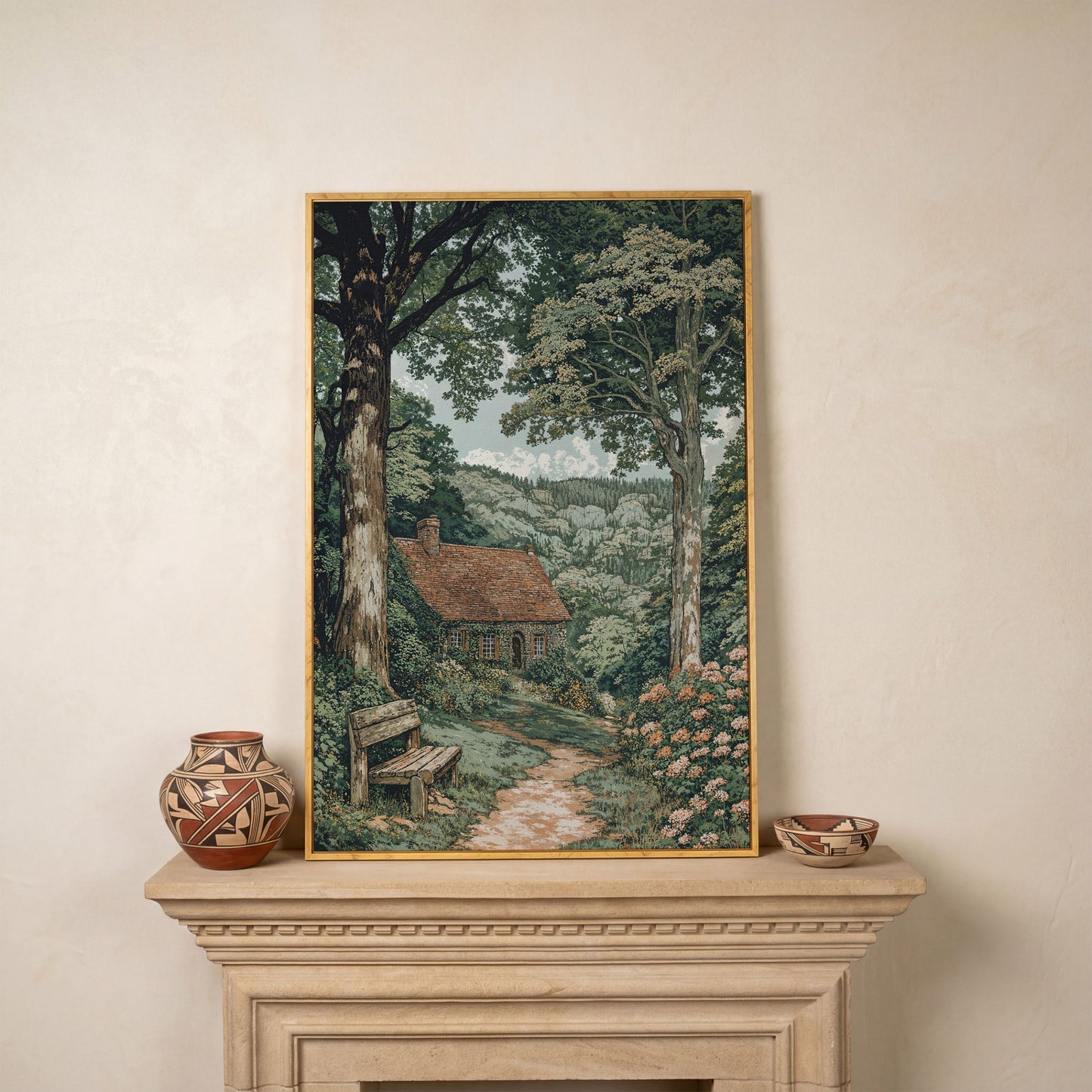 Tranquil Cottage in Countryside Canvas Print in white oak floating frame