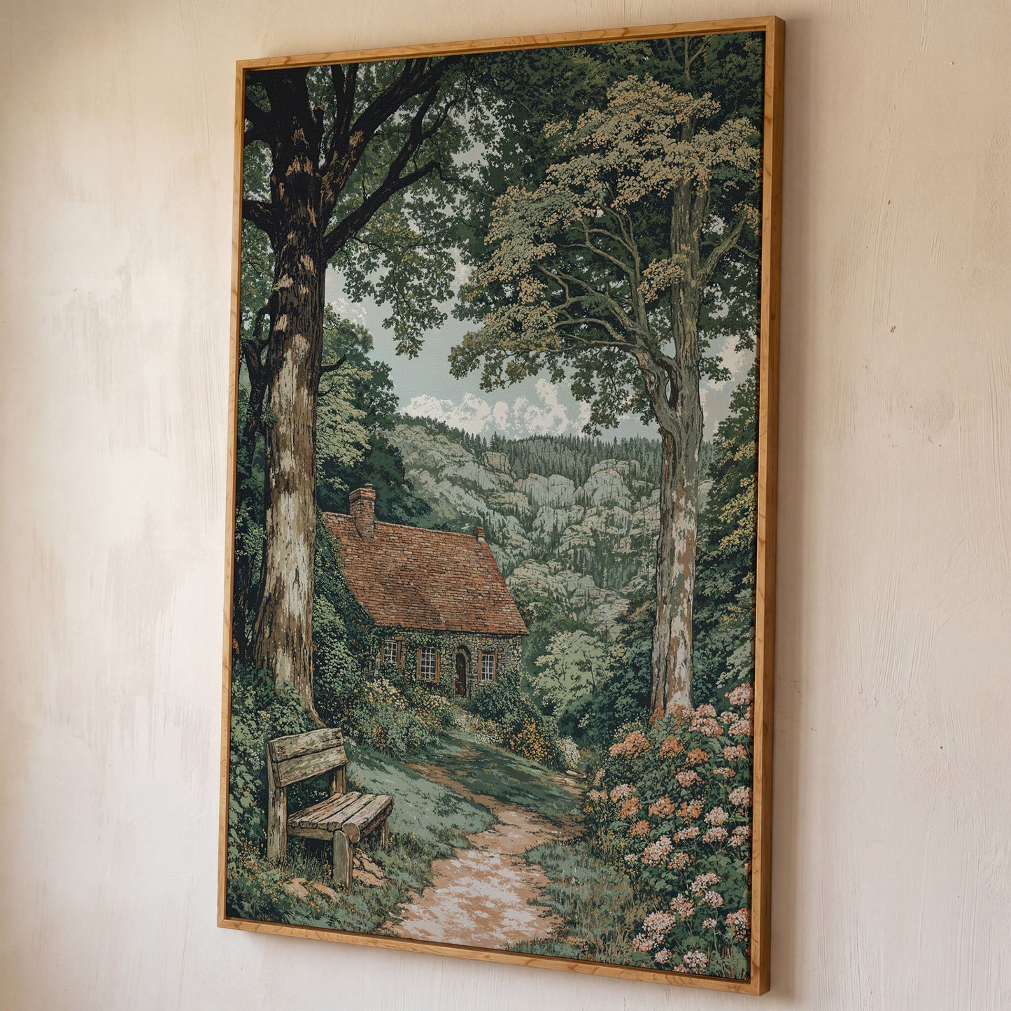 Tranquil Cottage in Countryside Canvas Print shown in white oak floating frame
