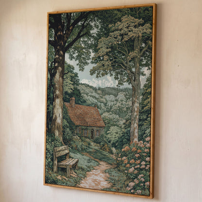 Tranquil Cottage in Countryside Canvas Print shown in white oak floating frame