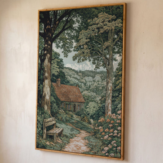 Tranquil Cottage in Countryside Canvas Print shown in white oak floating frame